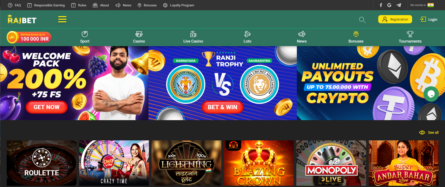 RajBet casino homepage